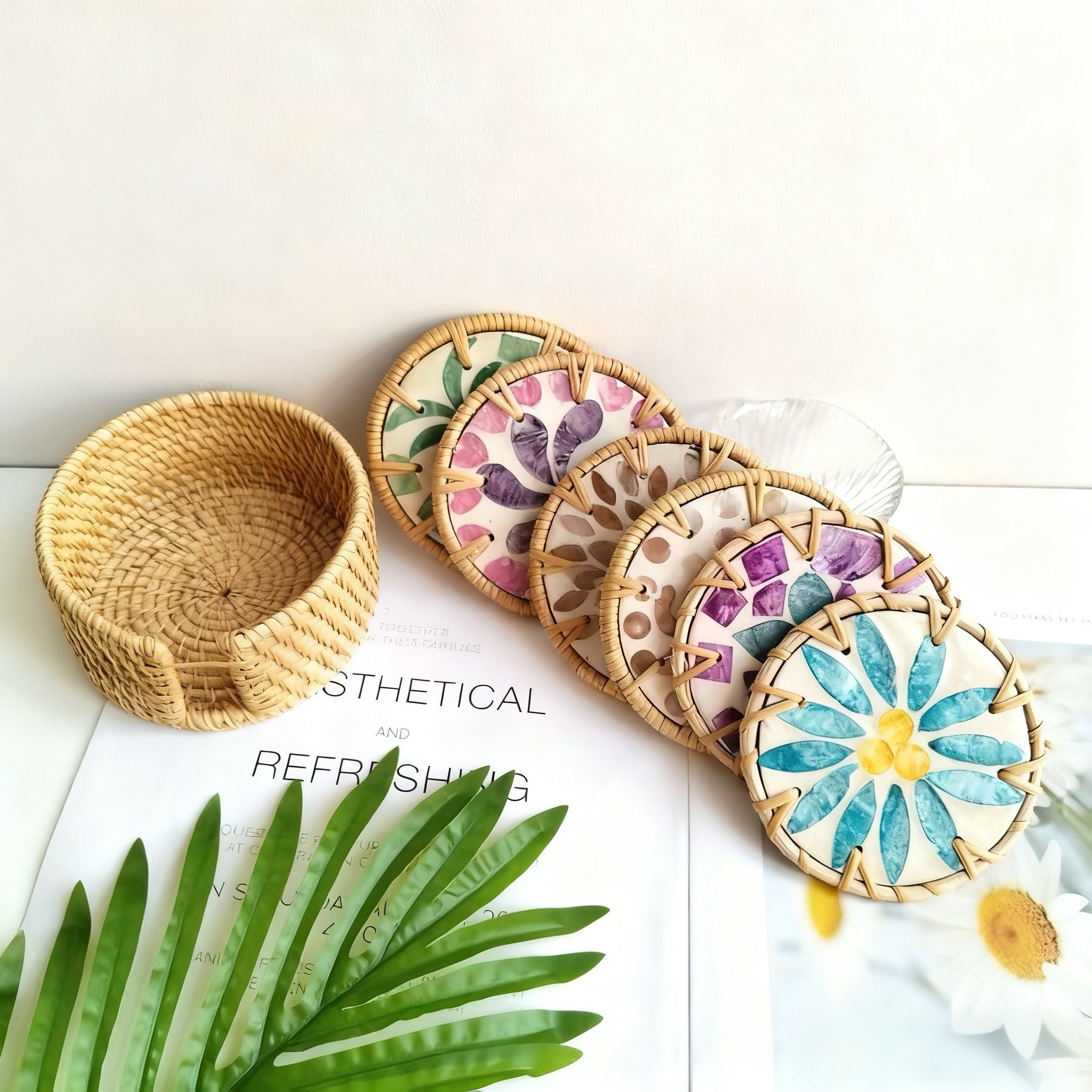 패턴시스템 라탄 자개방열 테이블 매트천연소재 수공예친환경  방수 컵받침, 홈카페 인테리어 15,900원