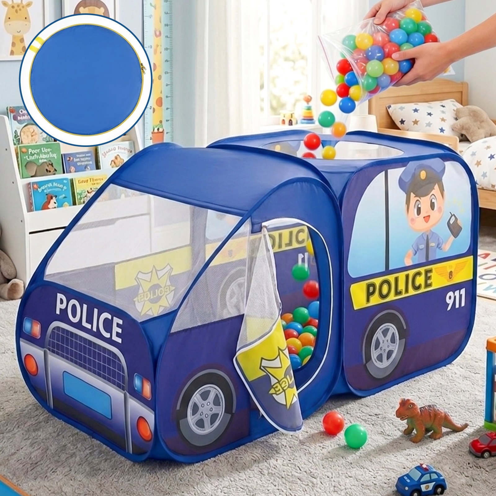 Flyaiku 경찰차 캐릭터 원터치 접이식 휴대용 실내외 텐트 대형 차량 헤드 디자인 메쉬 창 수납가방 포함 23,900원