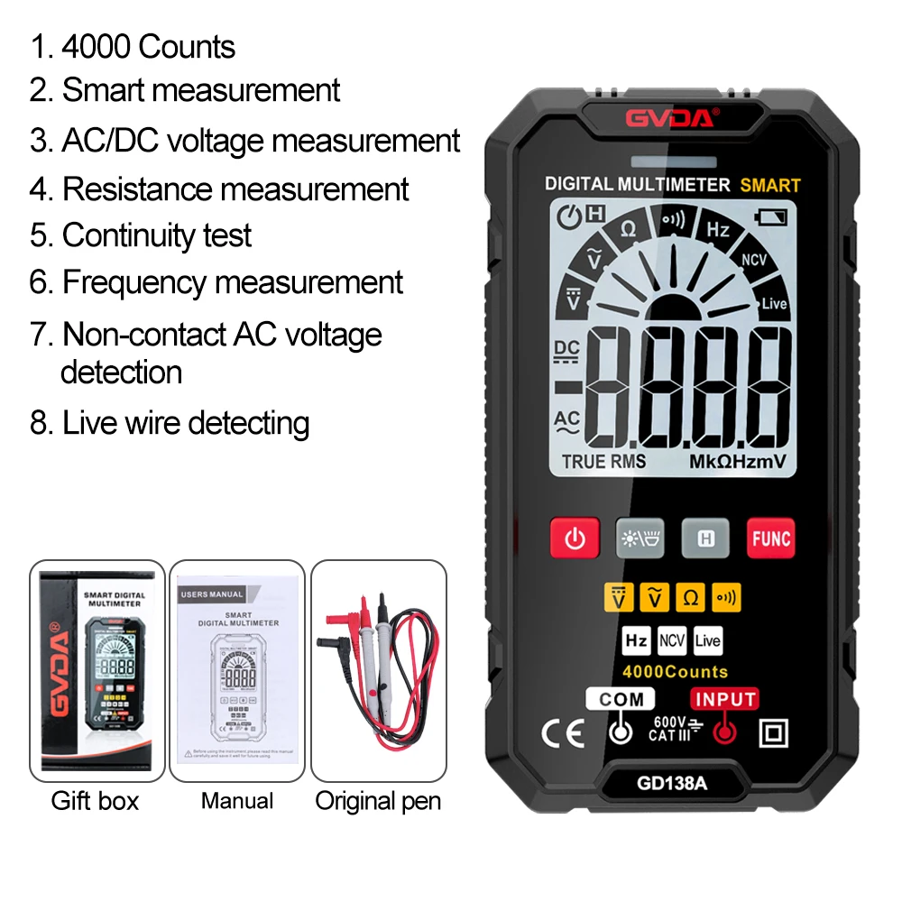 디지털멀티미터 GVDA 스마트 멀티미터 자동 범위 조정 트루 RMS NCV DC AC 전압 테스터, 전압계 디지털 멀티 계량기 DMM 멀티테스터 22,900원