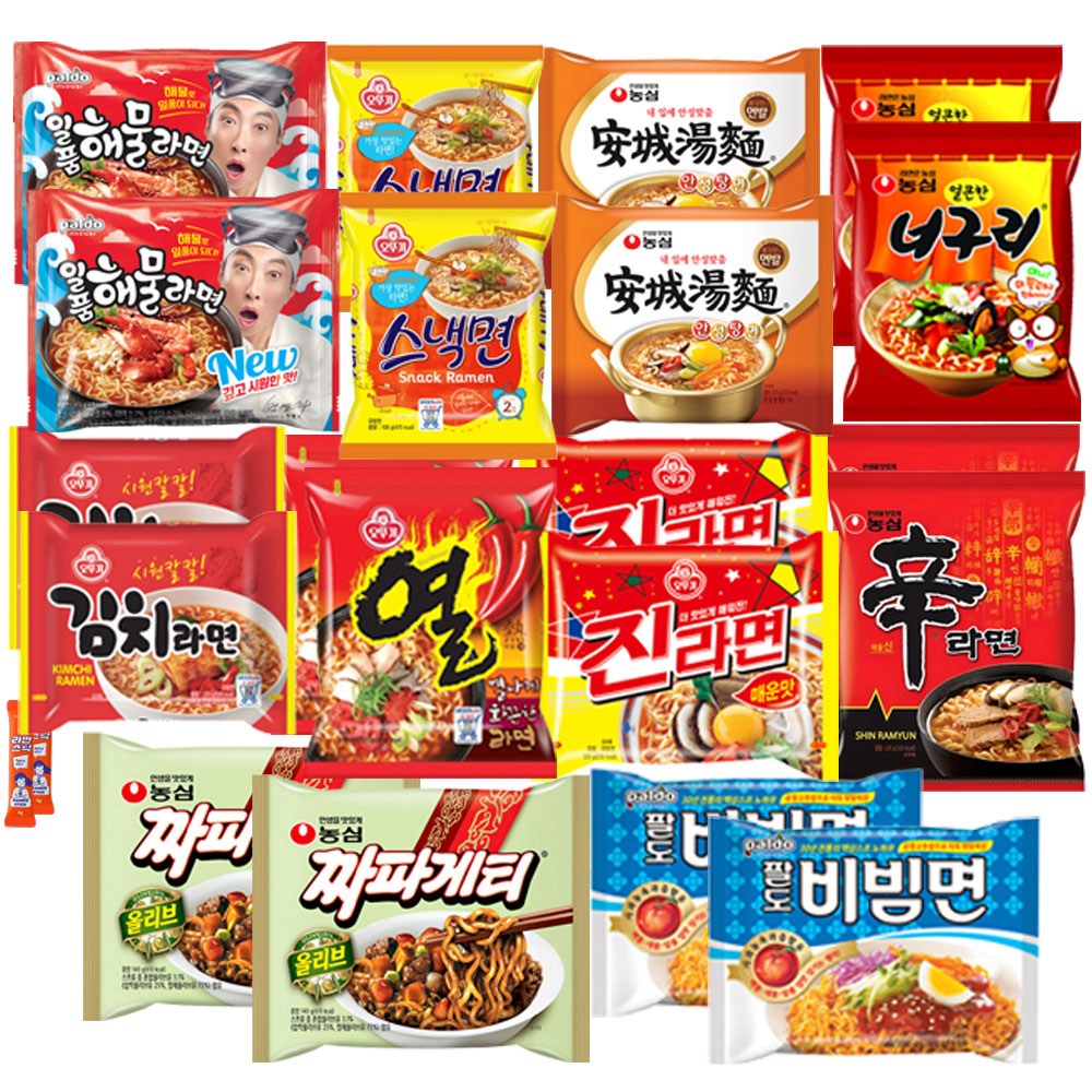 [블루존] 인기봉지라면 낱개 10종 20봉입 A세트 (신라면2+진라면 매운2+김치면2+너구리2+해물2+팔도비빔면2+열라면2+안성탕면2+짜파게티2+스낵2) 51,950원