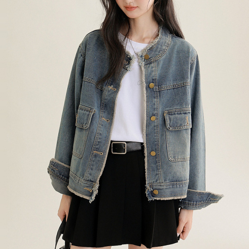 SAHINER 여성 봄 오버핏 데님 자켓 노카라 청자켓 컷팅 포켓 점퍼 AWT57 27,800원