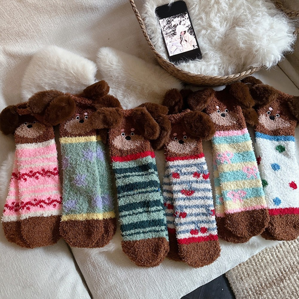 Banjiwu 여성 귀여운 강아지 겨울 수면 양말 장목 양말 중목 양말 중목 양말 도톰한 보온 방한 용품 수면 양말 패션 무압박 수면 양말 퍼 양말 6족 세트 24,990원