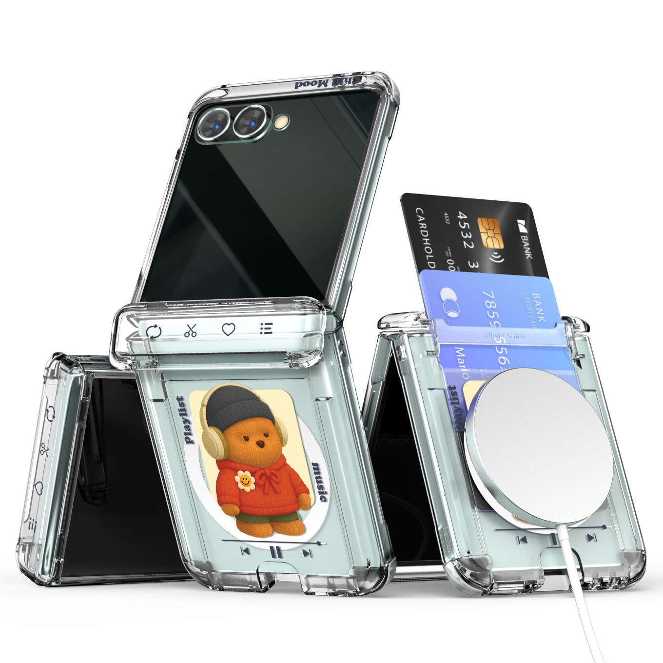 이디즌 갤럭시 Z플립 케이스 맥세이프 투명 힌지보호 슬림 카드 2장 수납 충격방지 범퍼 힌지아머 라벨 히피 디자인 25,900원