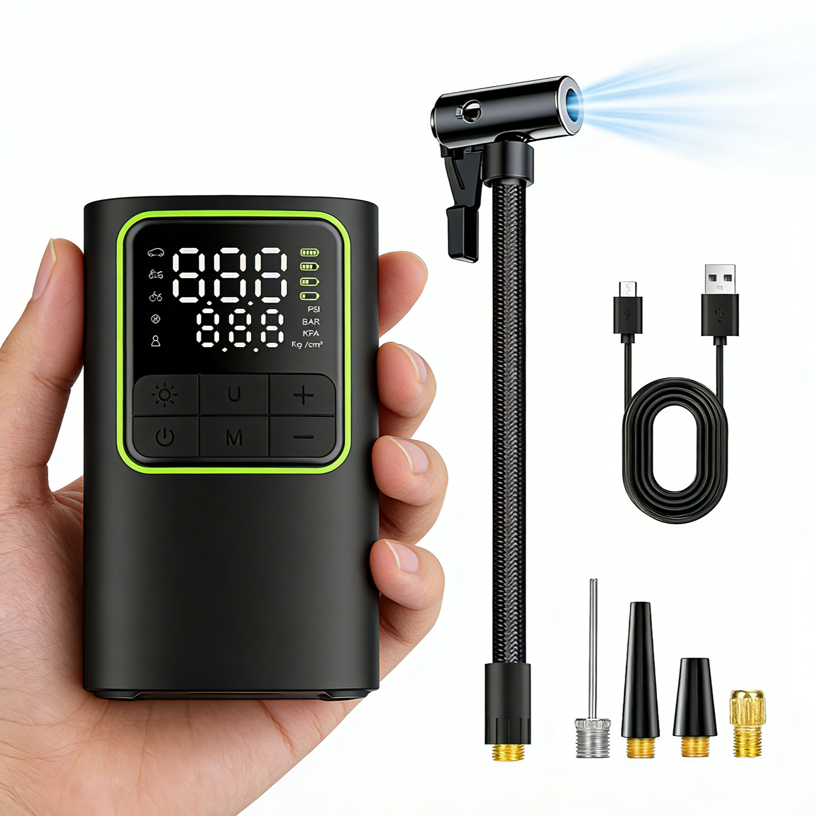 THOUSTA 휴대용 무선 타이어 공기압 주입기 에어펌프 차량용 농구공 튜브 led조명 에어건 4800mAh 풀세트, 블랙, 1세트 18,800원