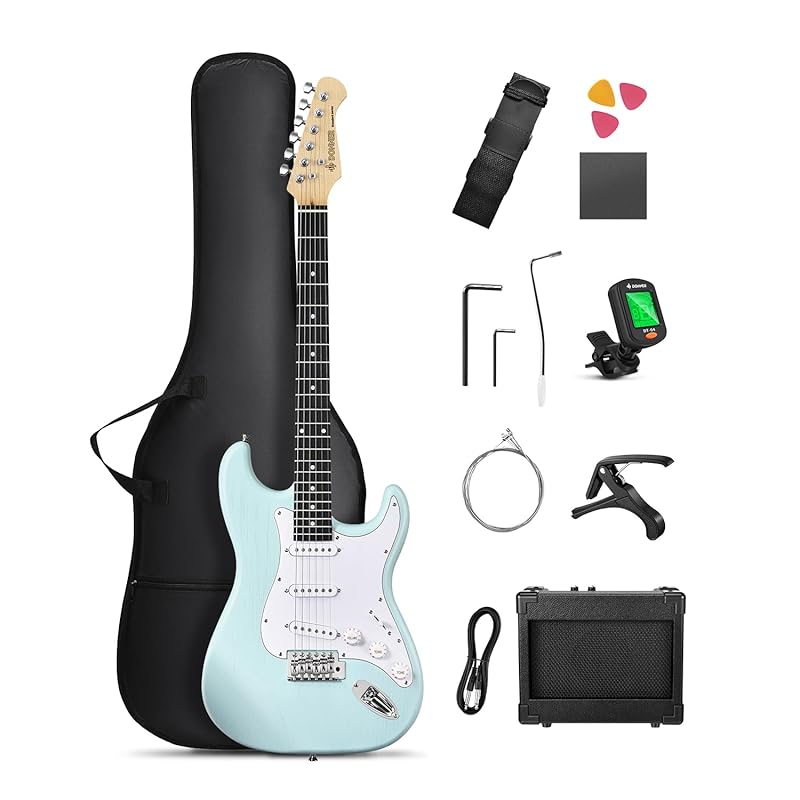 Donner 일렉트릭 기타 초보자 세트 ST 타입 SSS 픽업 39인치 풀 사이즈 미니 앰프 포함 전용 케이스와 튜너 등 액세서리 9점 세트 DST-80G 민트 그린 198,110원