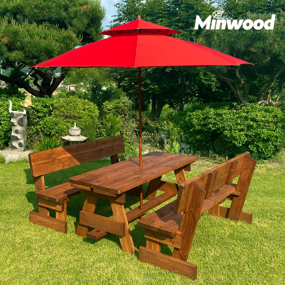 올리브가구 등받이 야외원목테이블 카페테이블 피크닉테이블 야외평상 바베큐그릴 파라솔 야외테이블세트, 등받이테이블 4인 월넛색(2회도색) 343,000원