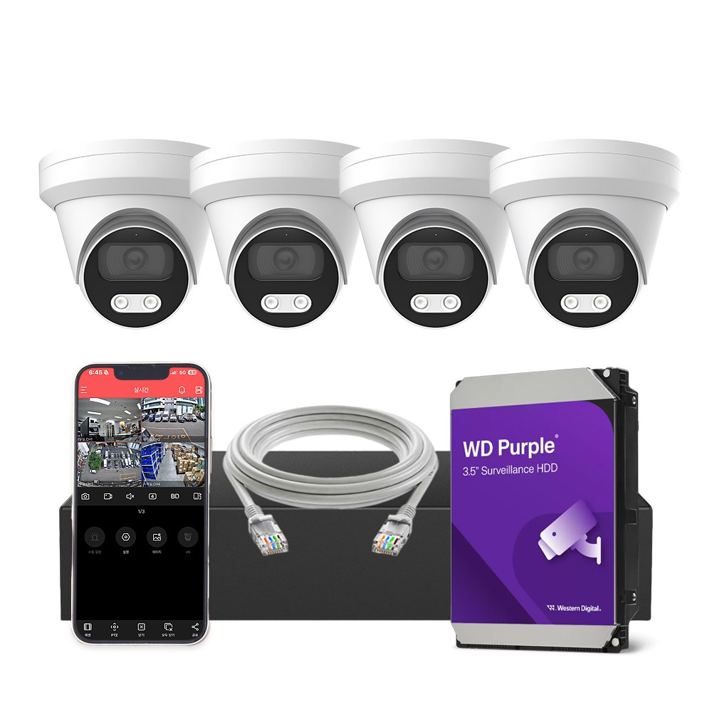 [하드 1TB 포함] HNTek 800만화소 IP CCTV 세트 (4채널 NVR + 실내/실외 PoE 카메라 + UTP케이블 20M), 1세트, 실내용 4대 543,000원