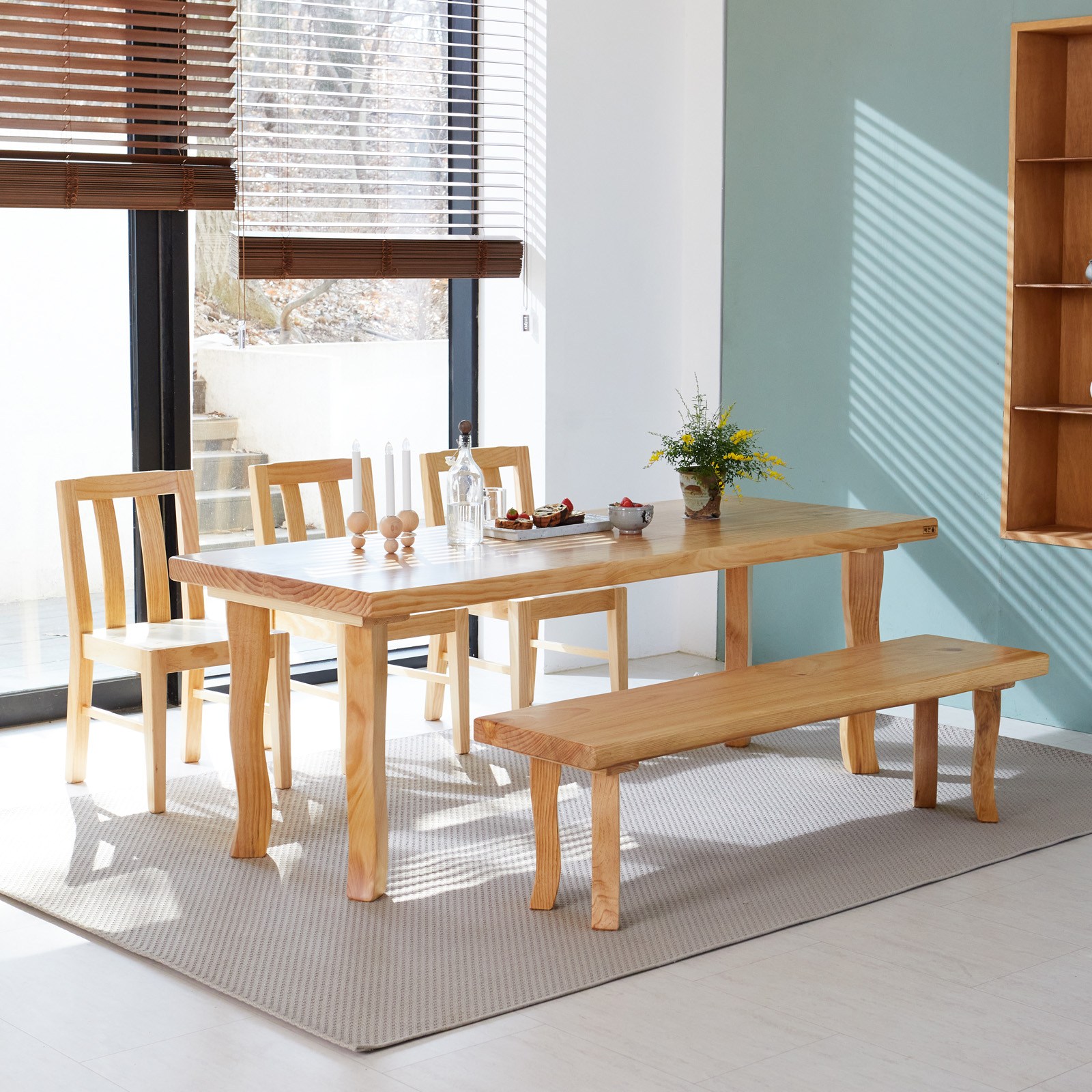 해찬솔 통원목 비담art 6인용 식탁세트B 1800 (등의자3개+긴의자)/통원목다리/의자포함/우드슬랩 1,835,000원