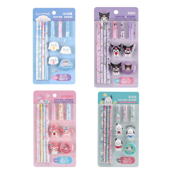 산리오 캐릭터즈 피규어 연필 보호캡세트 4종세트 산리오 학용품 연필 지우개 선물 세트 12,000원