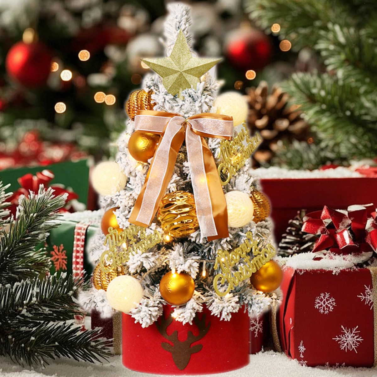 고품질 미니 크리스마스 세트 + LED 조명, 다양한 정교한 액세서리와 받침대 포함, 와인 레드와 샴페인 골드 컬러, 진한 크리스마스 분위기(트리 본체는 모두 녹색), 0.8m, 샴페인와인 풀세트 9,900원