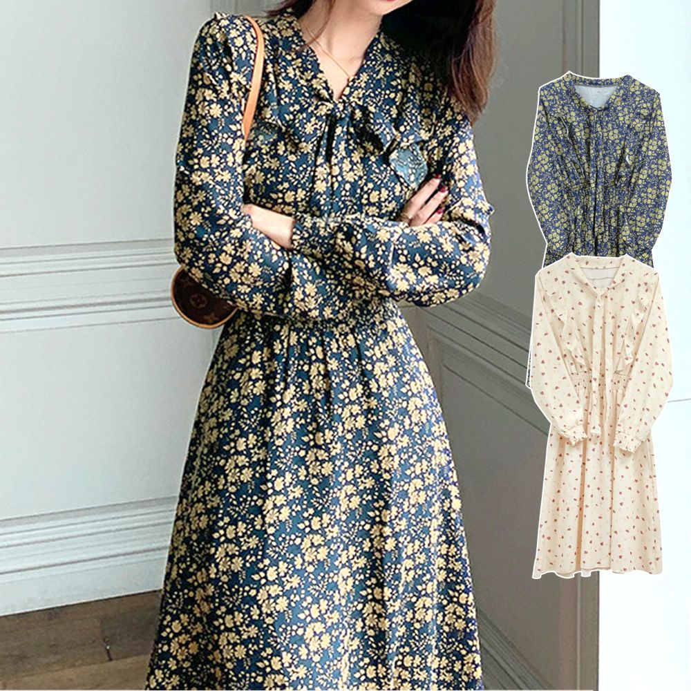 긴팔 롱 드레스 쉬폰 리본 프릴 여성 꽃무늬 원피스 20,330원