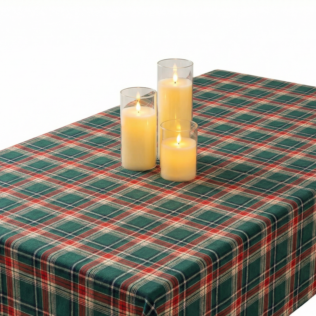 크리스마스 감성 빈티지 체크 테이블보 LED캔들 홈파티 세트, 1개, 그린+LED캔들, 4인 40,000원