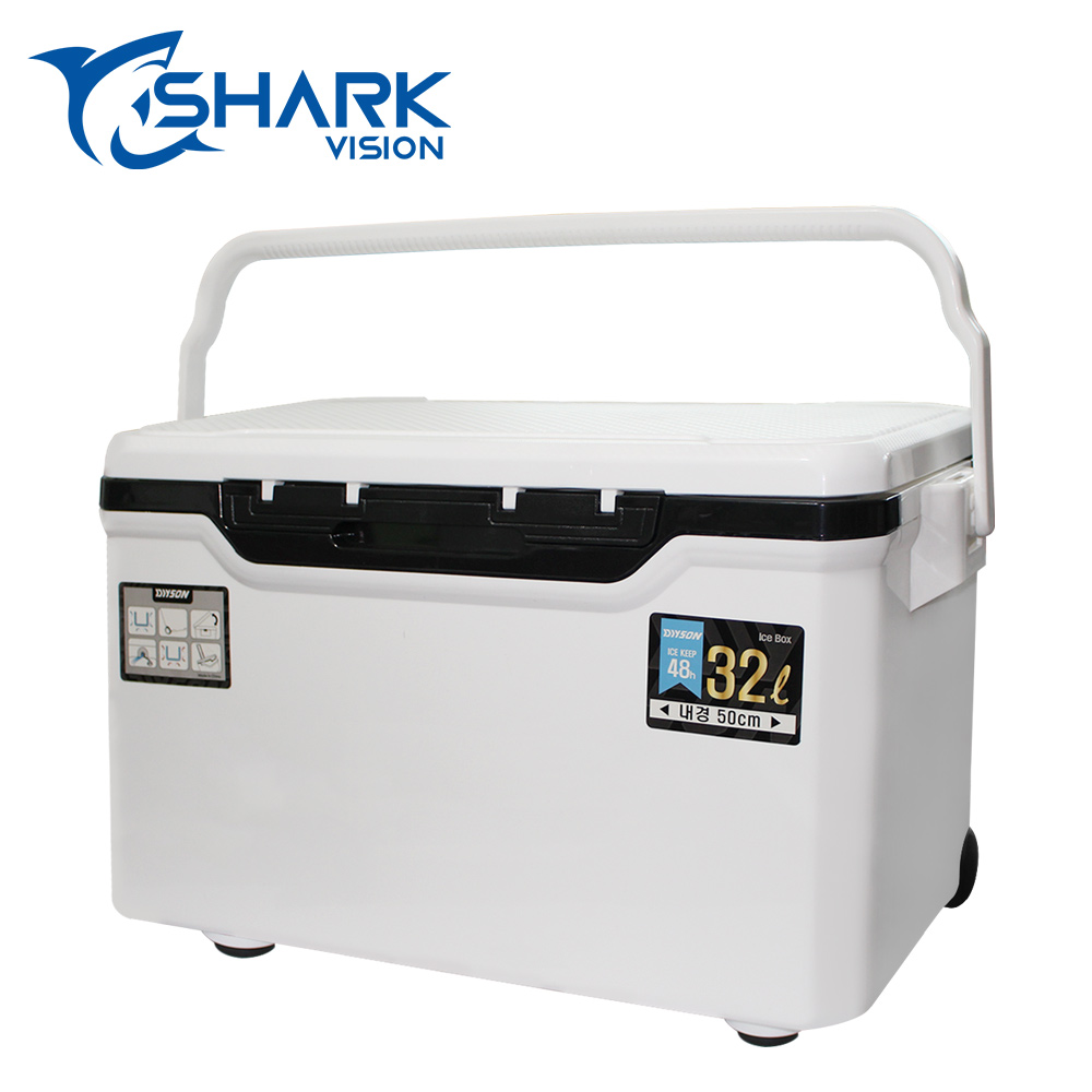 샤크비전 바다 민물 레저 낚시용 아이스박스 보냉/이동 핸들/캐리어 손잡이/바퀴형/32L/화이트/블랙 120,000원