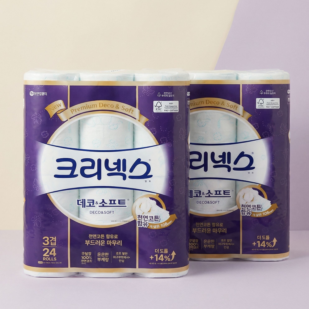 크리넥스 데코앤소프트 화이트 와이드 3겹 천연펄프 화장지 33m, 35m, 24개입, 2개 46,700원