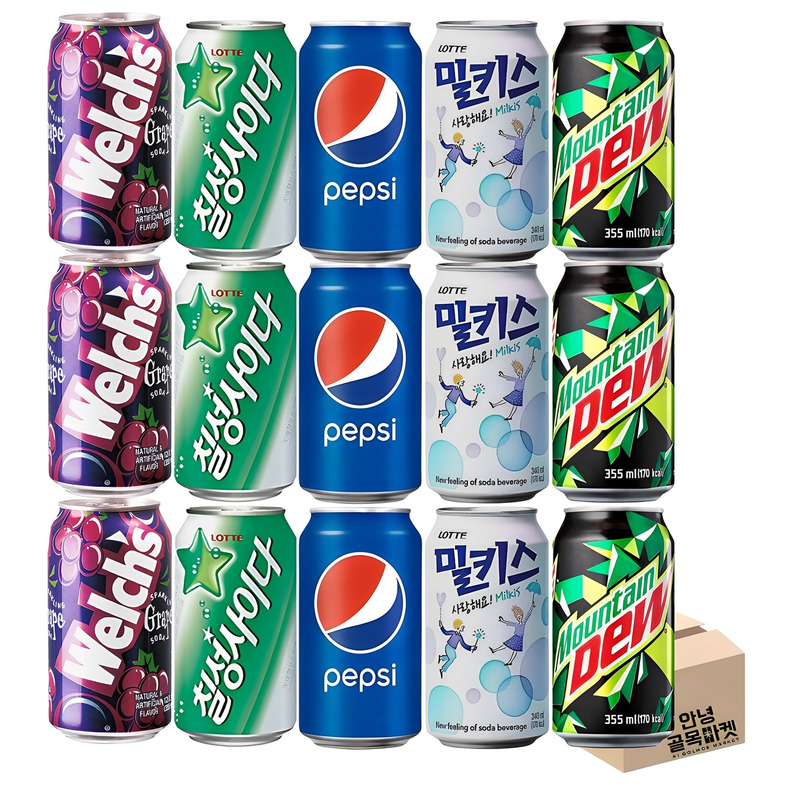 인기 뚱캔 5종 15입 세트 ( 웰치스 포도 3 칠성 사이다 3 펩시 콜라 3 롯데 밀키스 마운틴듀 3 ) 인기 음료 세트, 15개, 355ml 18,900원