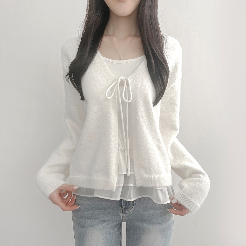 리리의감각 여성 봄 레이스 캉캉 롱나시 레이어드 투피스 리본 니트 긴팔 가디건세트 23,900원