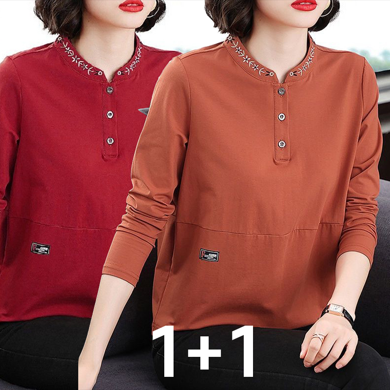 TIMEPURE 1+1 봄가을 긴팔 티셔츠 여자 코디 라운드 자수 상의 중년 엄마 상의 이너 간절기 상의 31,800원