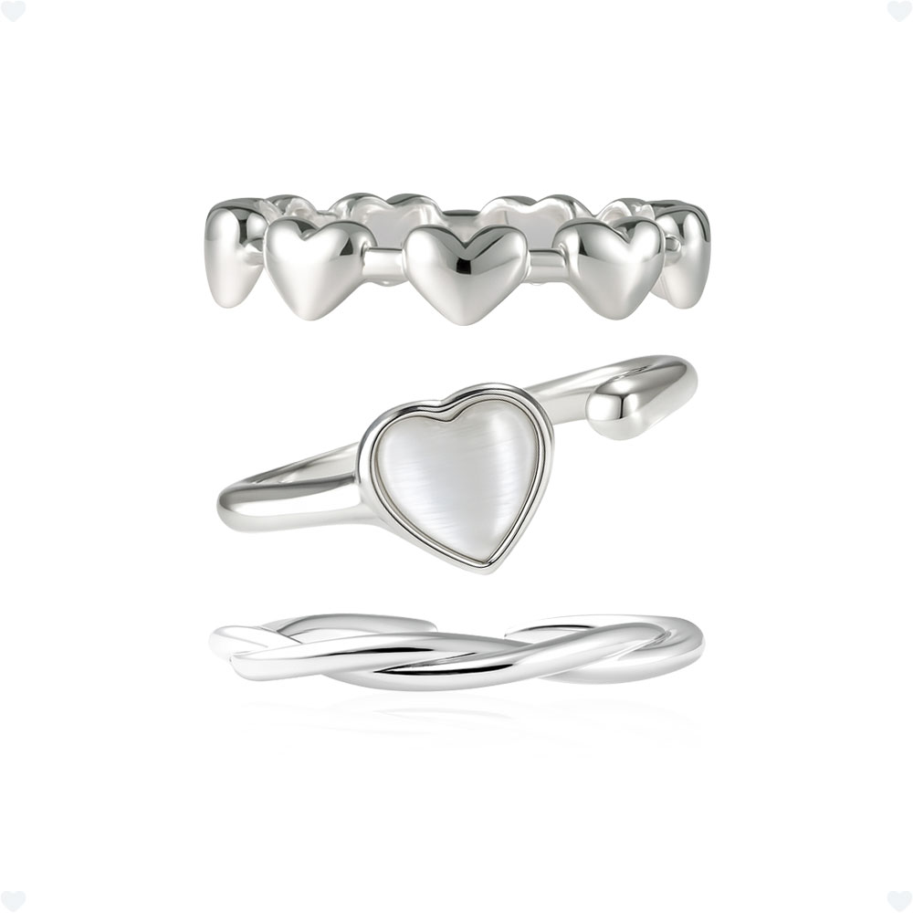 *사은품증정* [아모리안] Silver925 러블리 무드 하트 원석 슬림 웨이브 레이어드 엄지 검지 오픈 링 반지 세트 26,600원