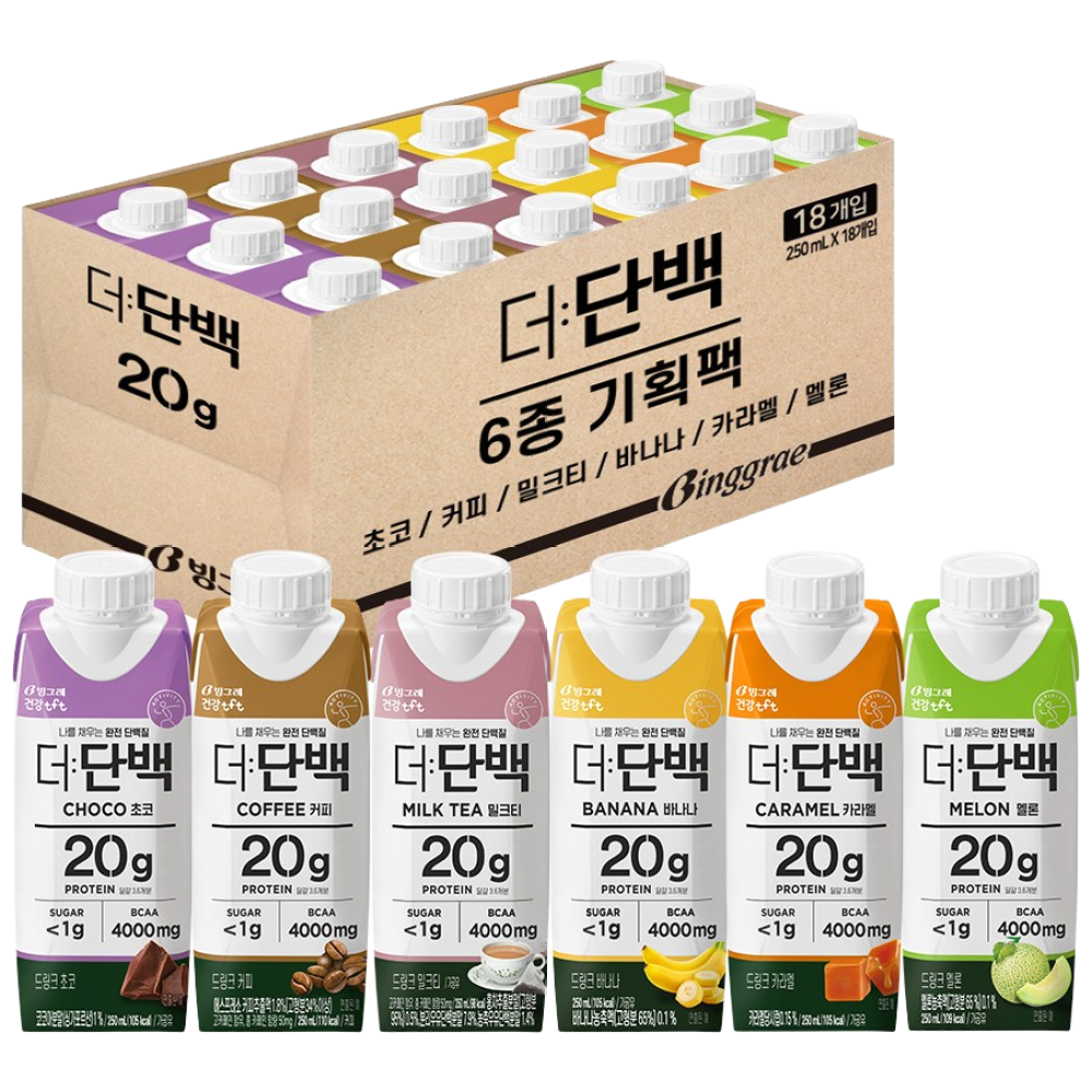 빙그레 더단백 드링크 프로틴음료 6종 혼합(초코 카라멜 커피 바나나 밀크티 멜론) 총 18개, 1개, 250ml, 18개 25,000원
