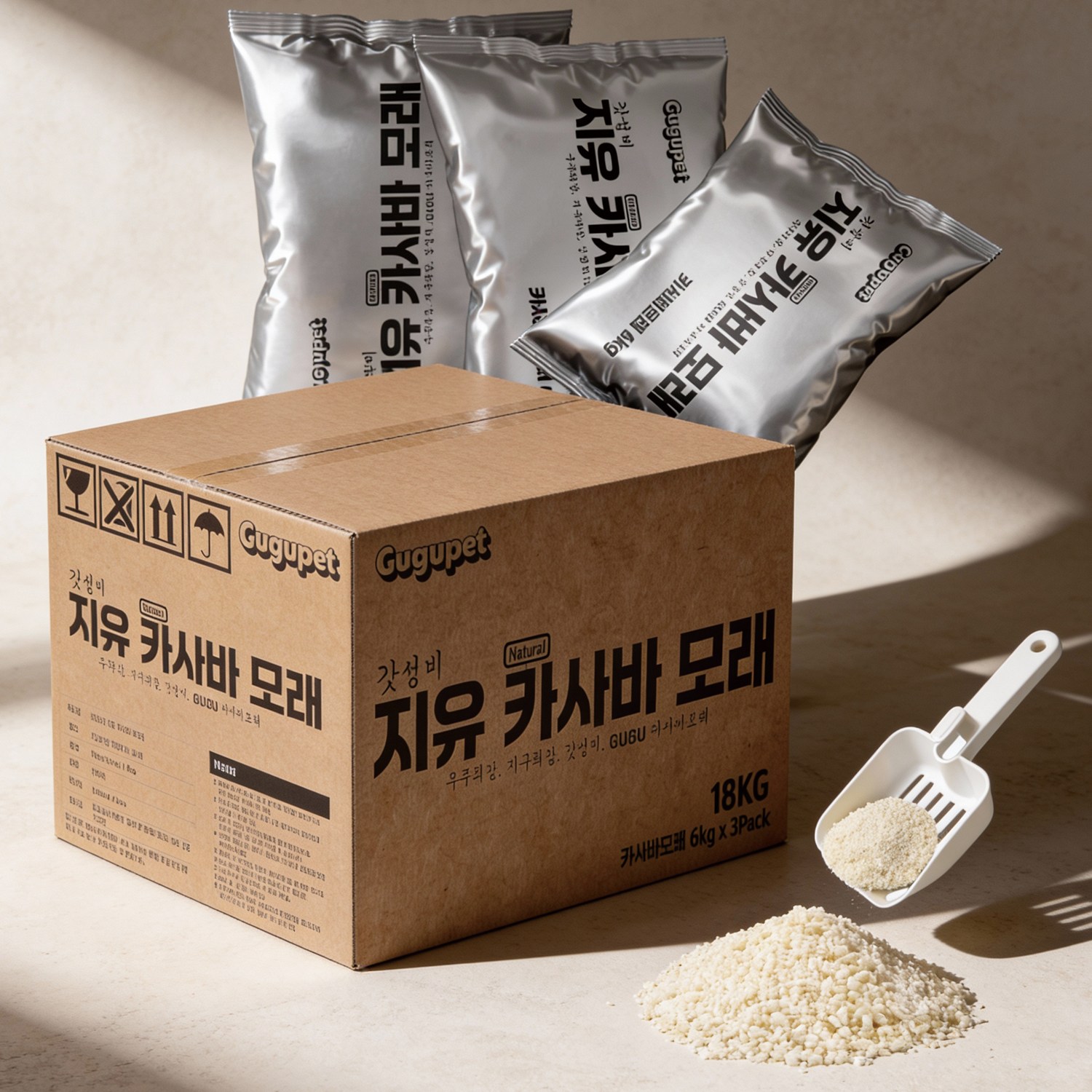 구구펫 프리미엄 카사바 고양이 모래 18kg 대용량, 무향, 3개, 6kg 29,900원