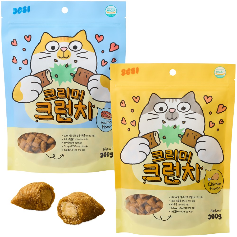 3651 크리미크런치 이빨과자 고양이 간식 겉바속촉, 2개, 300g, 닭고기+연어 17,820원