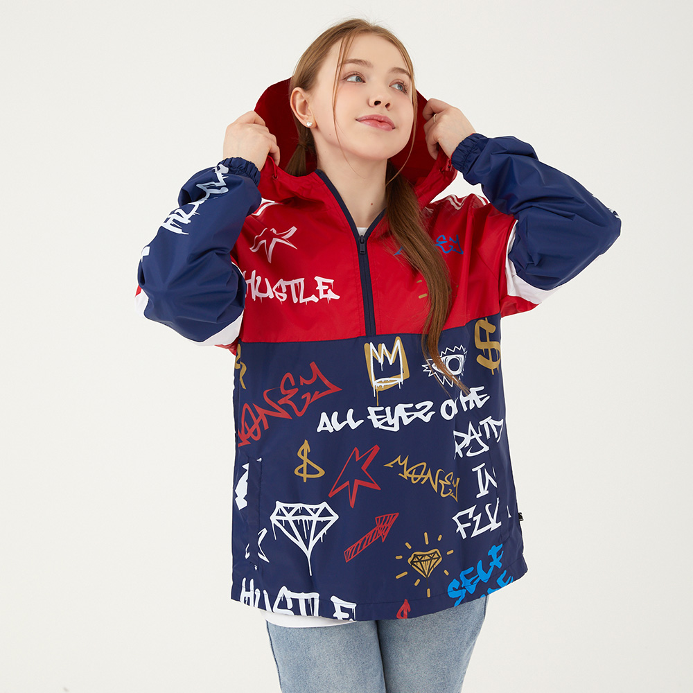 무니크영 남녀공용 프린트 아노락 후드 방수 자켓 남자 여자 오버핏 빅사이즈 메쉬안감 바람막이 점퍼 배색 포인트 S51801 42,400원