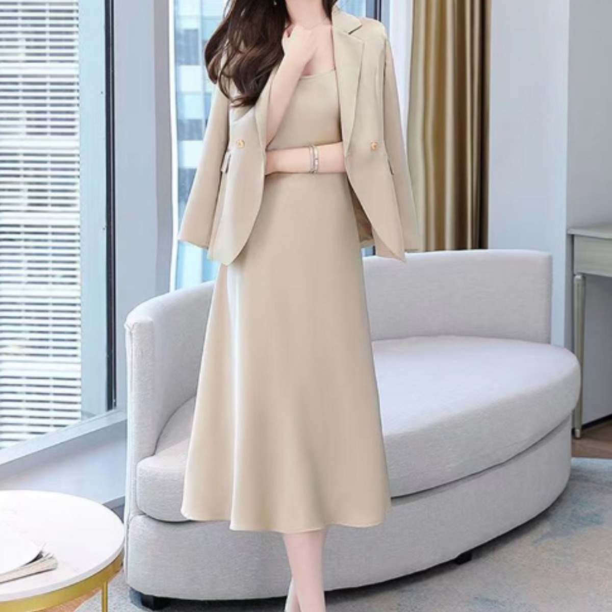 ORZQU 여성 가을 신상 빅사이즈 정장 나시 원피스 투피스 스타일리쉬 날씬해 보이는 원피스 세트 36,600원