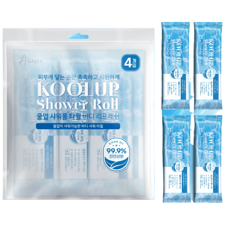에어레브 쿨업 샤워롤 천연 성분 99% 물 없이 샤워 가능한 웻타월 바디 샤워티슈 특대형 임산부 환자용 여행용 입원 몸닦는 바디 티슈 국내 제조, 1개, 4개입 12,000원
