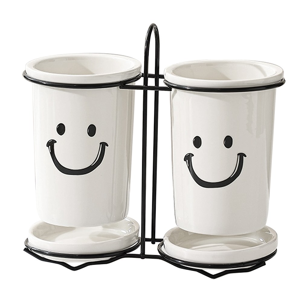 피카우스 스마일 도자기 물빠짐 수저통 싱크대 수저정리함 2구, 1개, 화이트 16,800원