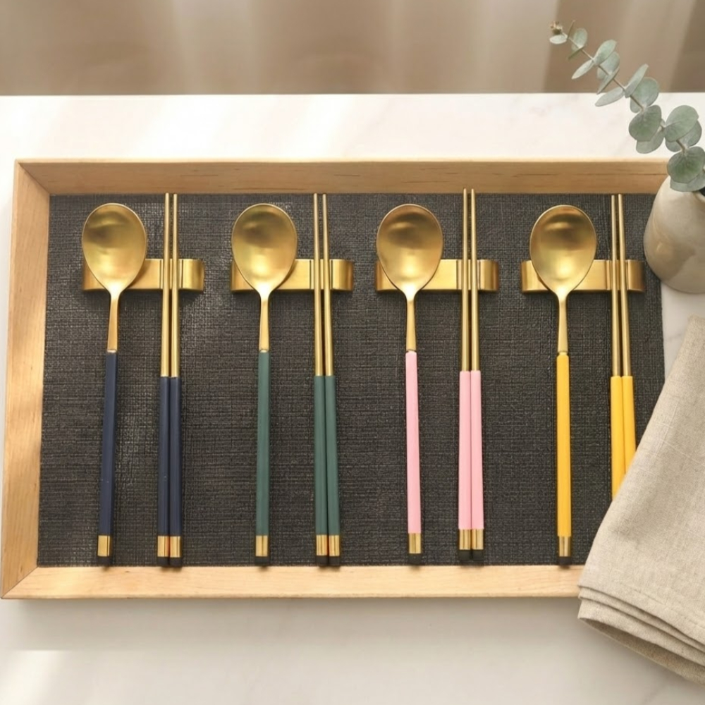 보겐 국산 스퀘어 투톤 골드 수저 + 받침 4인세트, 블루, 올리브, 핑크, 비타민, 1세트, 숟가락 4p + 젓가락 4p + 스텐실버수저받침 4p 79,160원