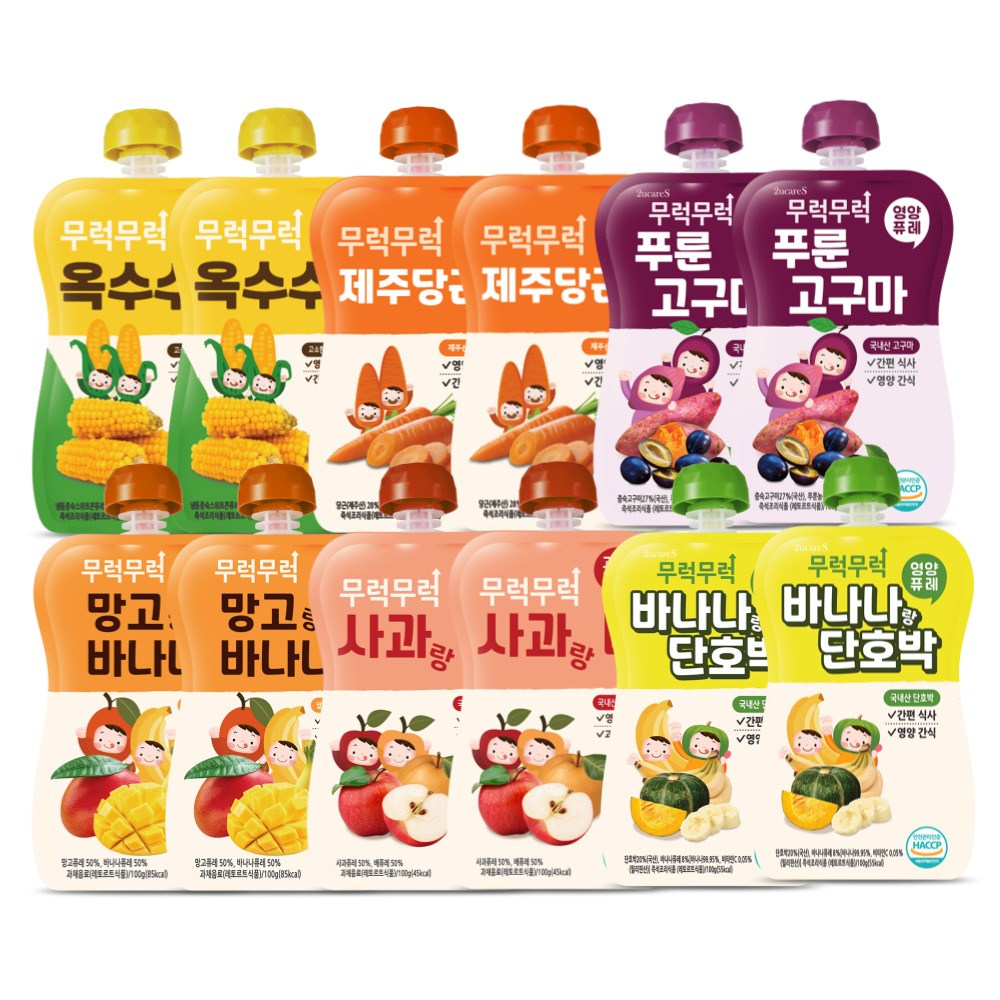 무럭무럭 키즈죽, 과일퓨레 알뜰 12팩 (옥수수,제주당근,사과랑배,망고랑바나나,바나나단호박,푸룬고구마 각 2팩), 100g 26,800원