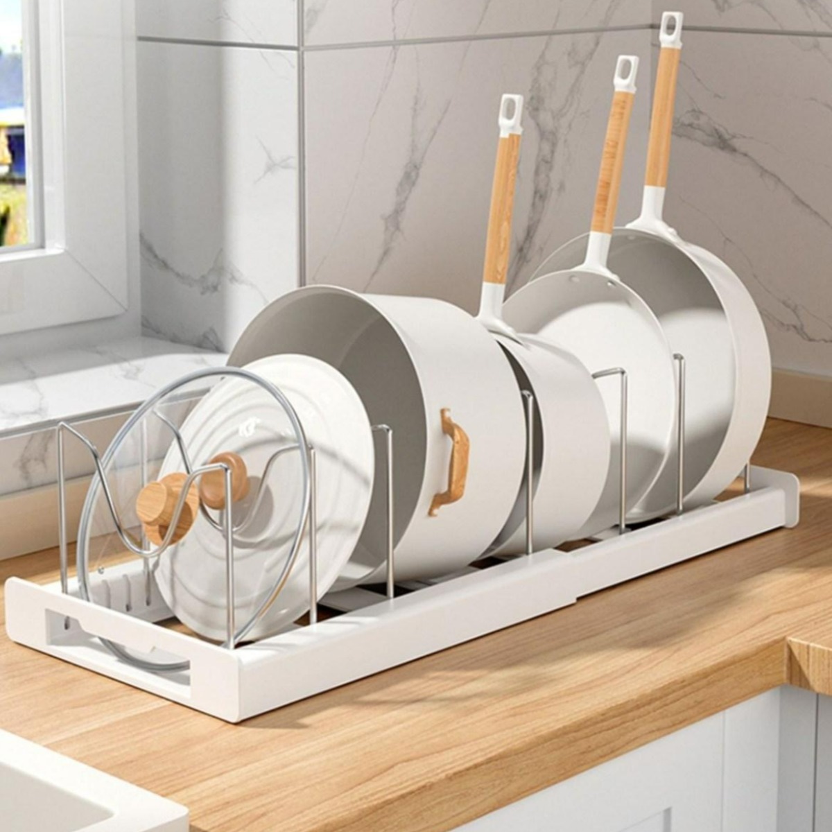 셔니엘 1+1 고급협스텐304 길이조절 후라이팬냄비 정리대, 1단, 2개, 화이트 19,900원