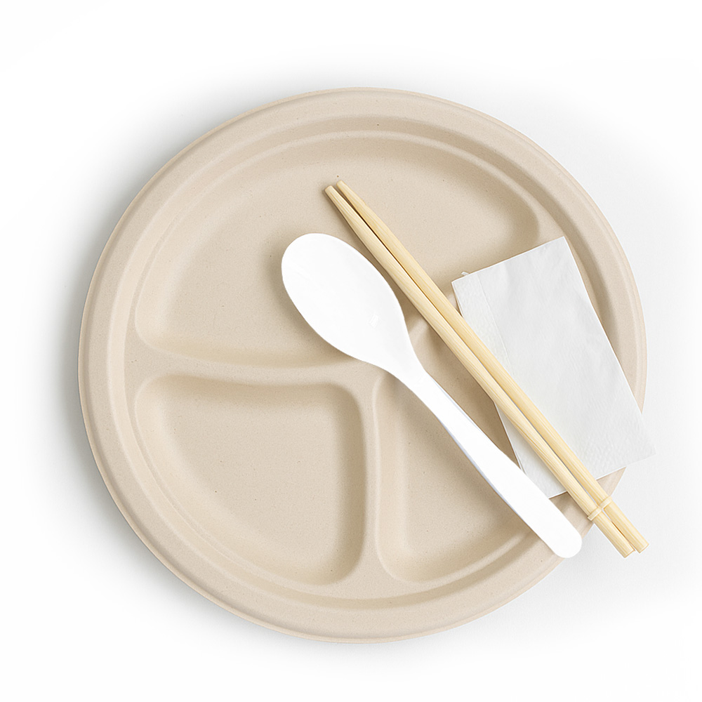 사탕수수 일회용 3칸 종이접시(26cm)+수저세트, 1세트, 100개입 29,000원