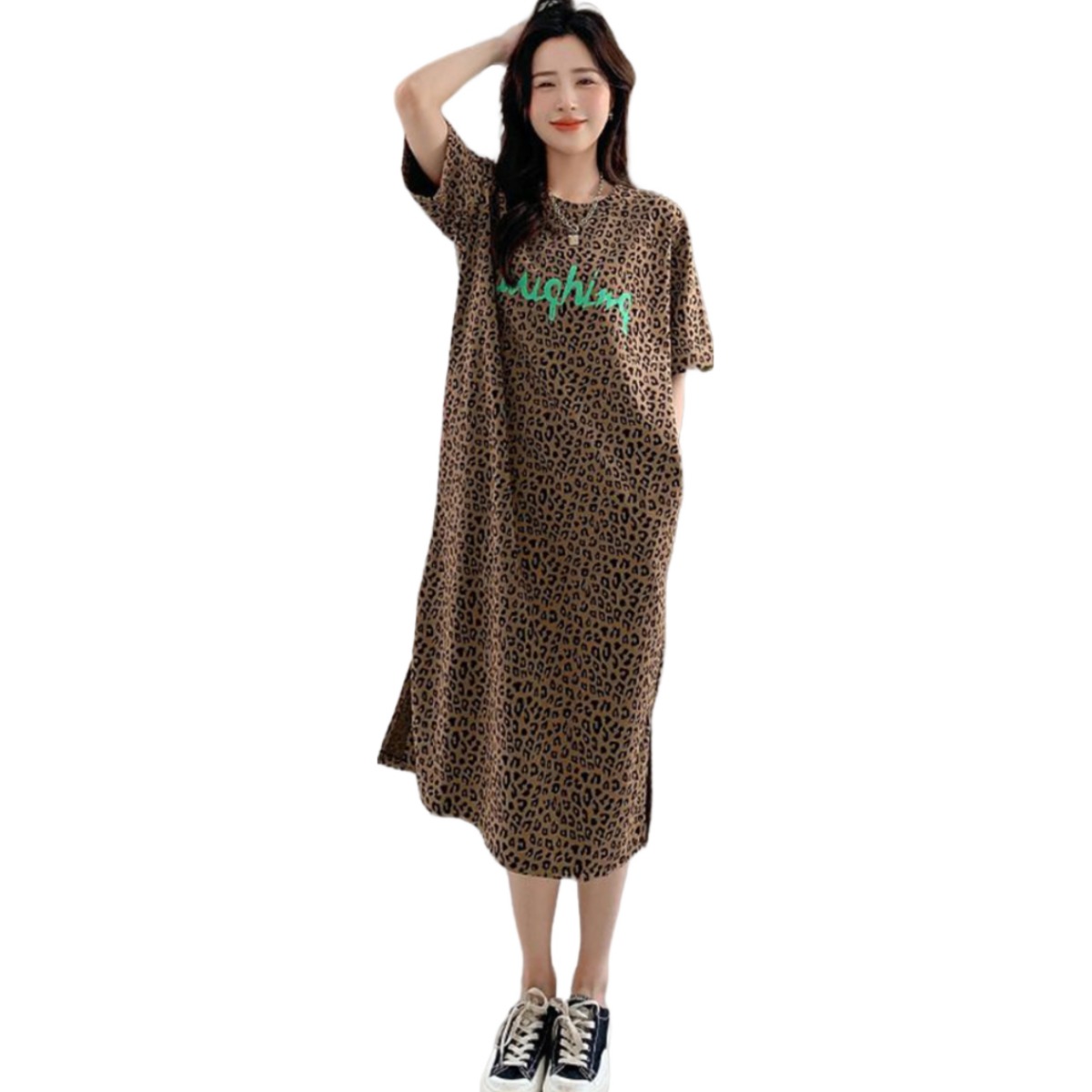 ROYALBELLE 여성 루즈핏 빅사이즈 호피무늬 반팔 원피스 옆 트임 롱 치마 캐주얼룩 V31007 18,300원