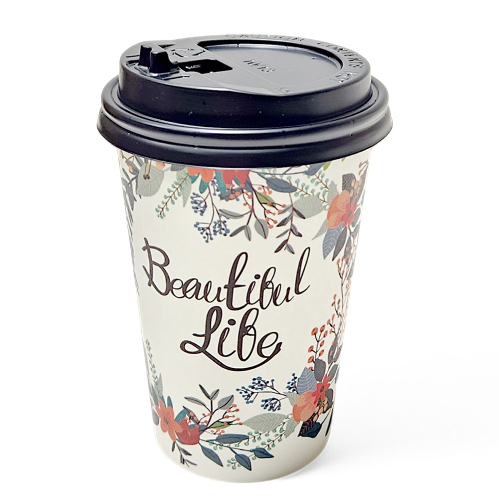 [세트] 천연펄프 플라워종이컵 380ml(13온스) + 개폐형뚜껑, 100개, 1세트 14,800원