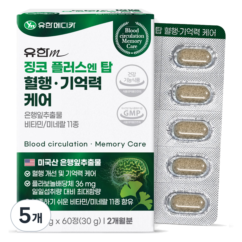 유한메디카 징코 플러스 엔 탑 혈행 기억력 케어, 60정, 5개 31,800원