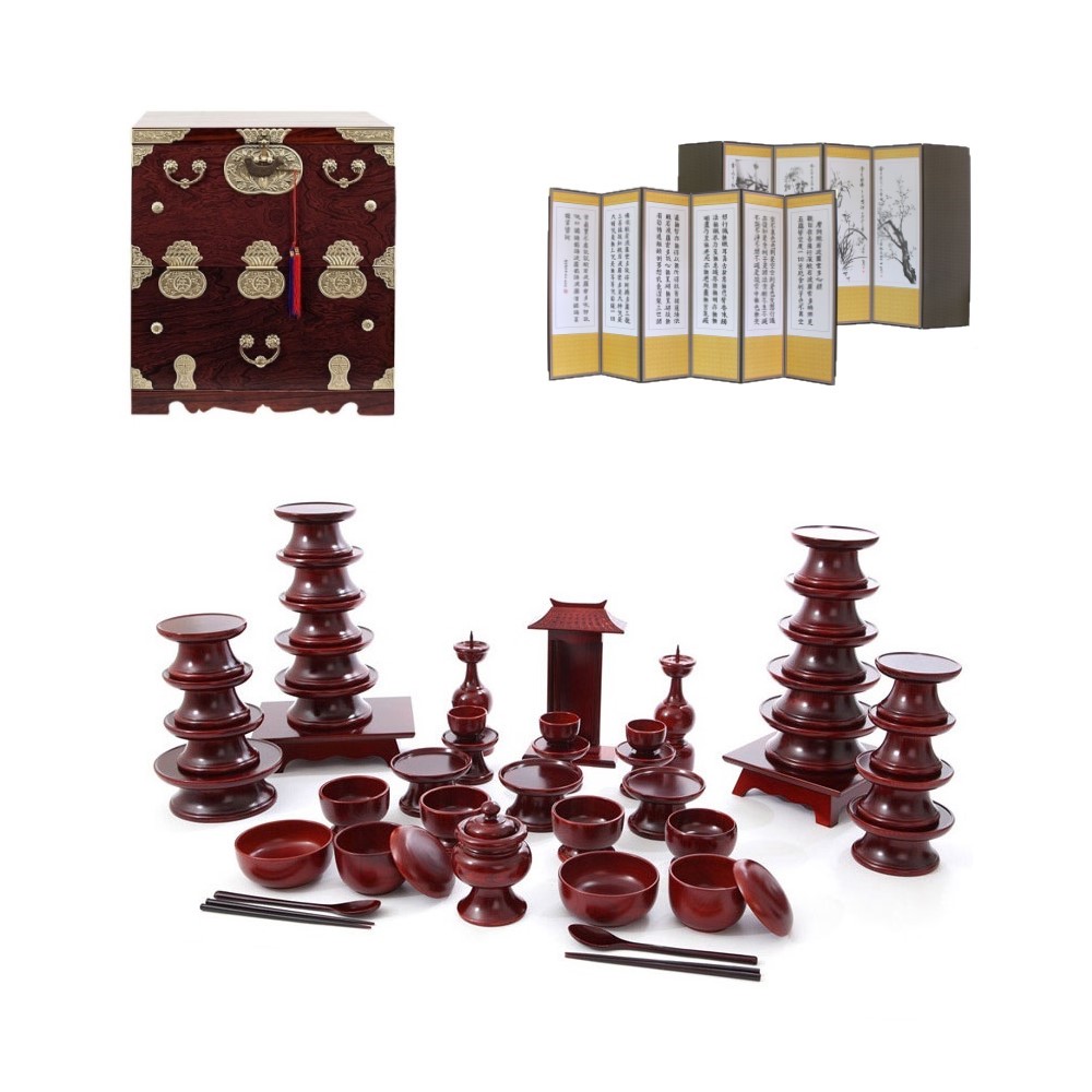 남원 문화재 오리목 제기 47p + 남원 오동나무 앞닫이 제기함 + 남원목기공예 비단 사군자 반야심경 6폭 병풍 719,000원