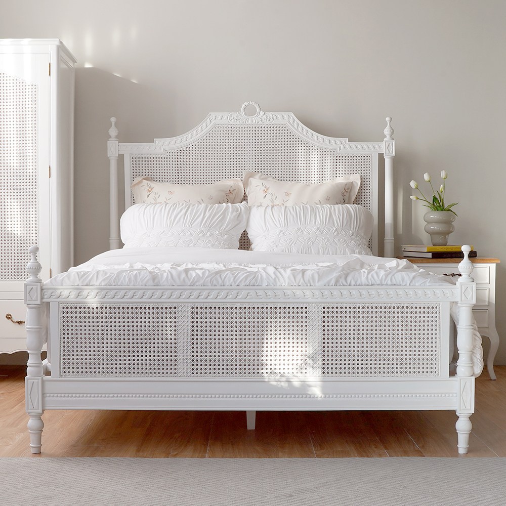 피어젠가구 데이지 프렌치 엔틱 라탄 퀸사이즈 Q 침대 신혼 부부 침대프레임 원목 화이트 1,410,000원