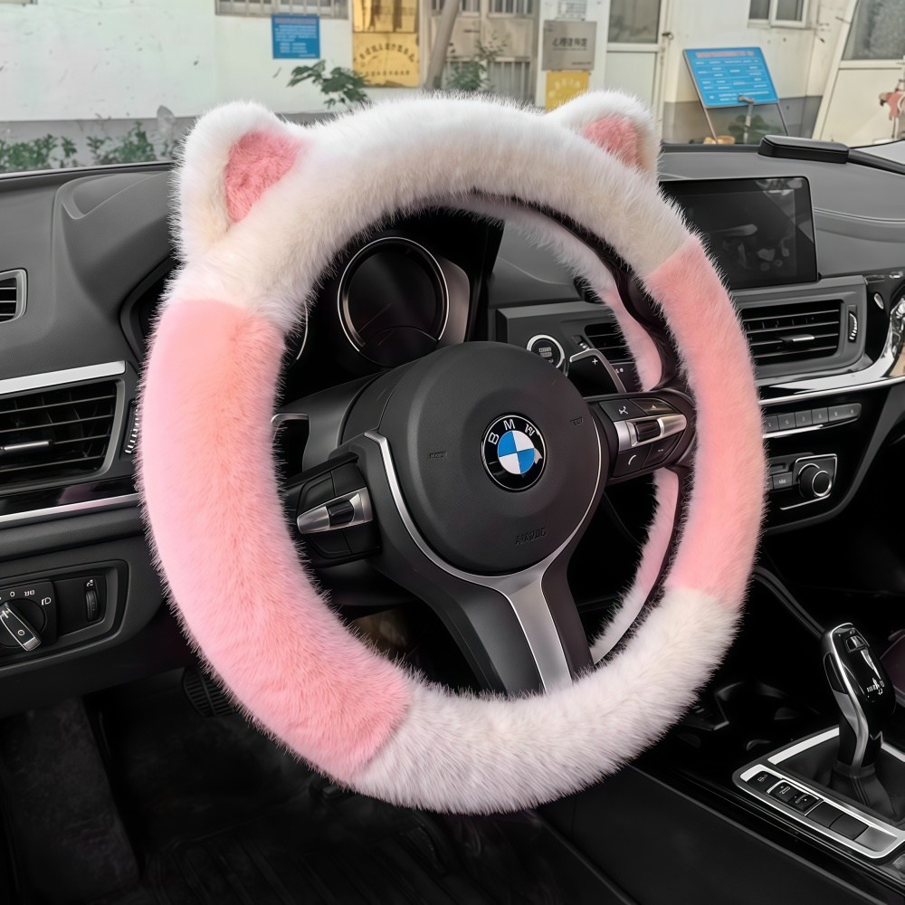 OFFCURVE 귀여운 고양이귀 보들보들 털 핸들커버, 겨울 방한 보온 차량용 공용, 분홍색+하얀 14,580원