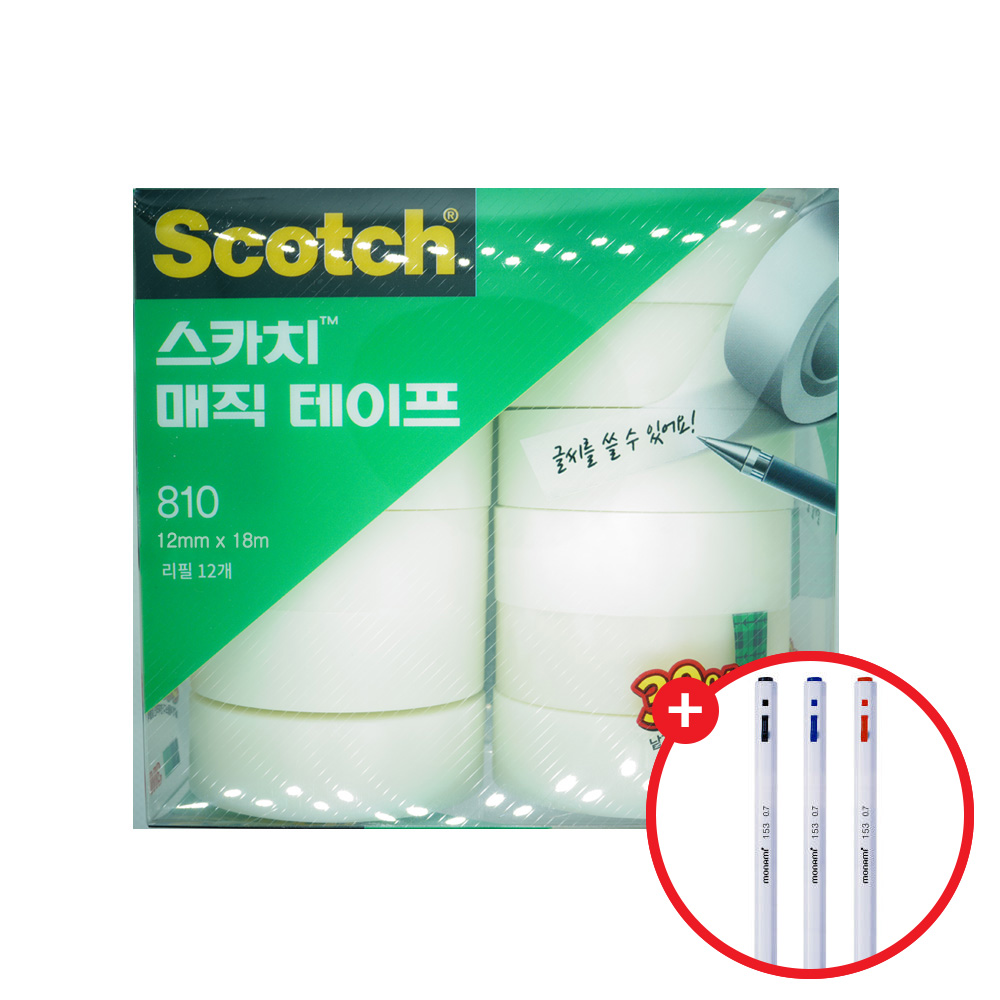 3M 810R 스카치 매직 테이프 리필 12개입 18mm x 32m+3색 볼펜 우체국택배 21,850원