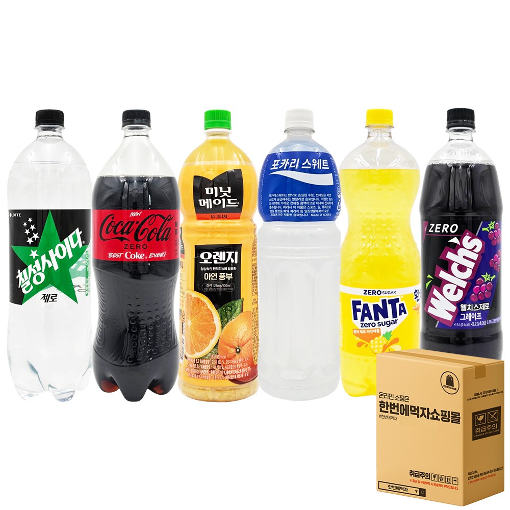 [한번에먹자] 제로 탄산음료 과즙음료 이온음료 1.5L 6종 세트 ( 코카콜라제로 칠성사이다제로 미닛메이드 오렌지 포카리스웨트 환타파인애플제로 웰치스제로포도 ) 사무실음료 18,200원