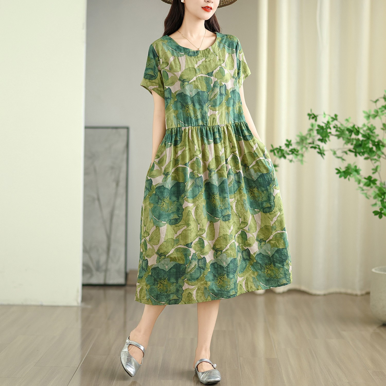 여름신상 린넨 프린트 루즈핏 라운드넥 숏소매 미디 하이웨이스트 보헤미안 감성 원피스 비보뉴 33,900원