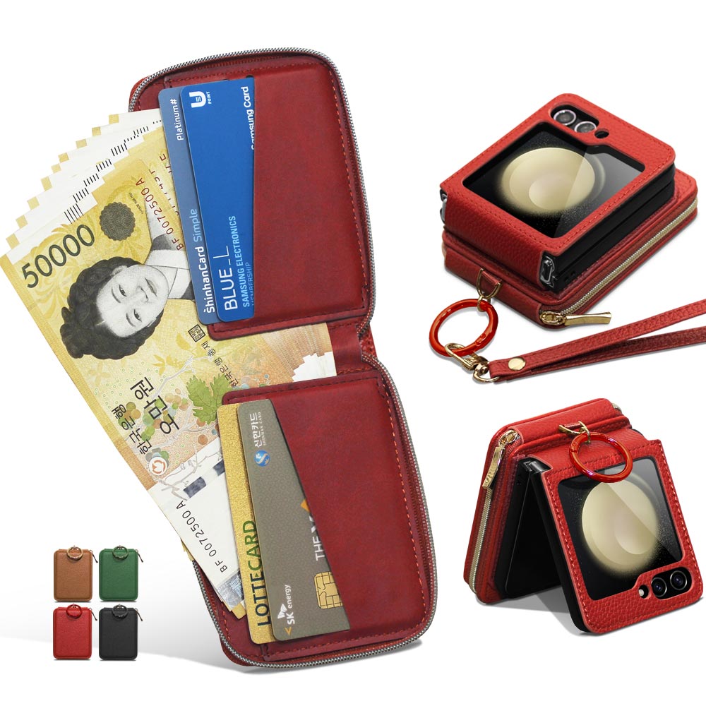 Z플립 7 6 5 4 3 지갑형 대용량 현금 수납 카드4장 손목, 롱 스트랩 핑거 링, 힌지보호 갤럭시 제트 플립 정품 지폐 폰케이스 고급 PU 가죽 핸드폰 케이스 제이콥스타일 28,800원