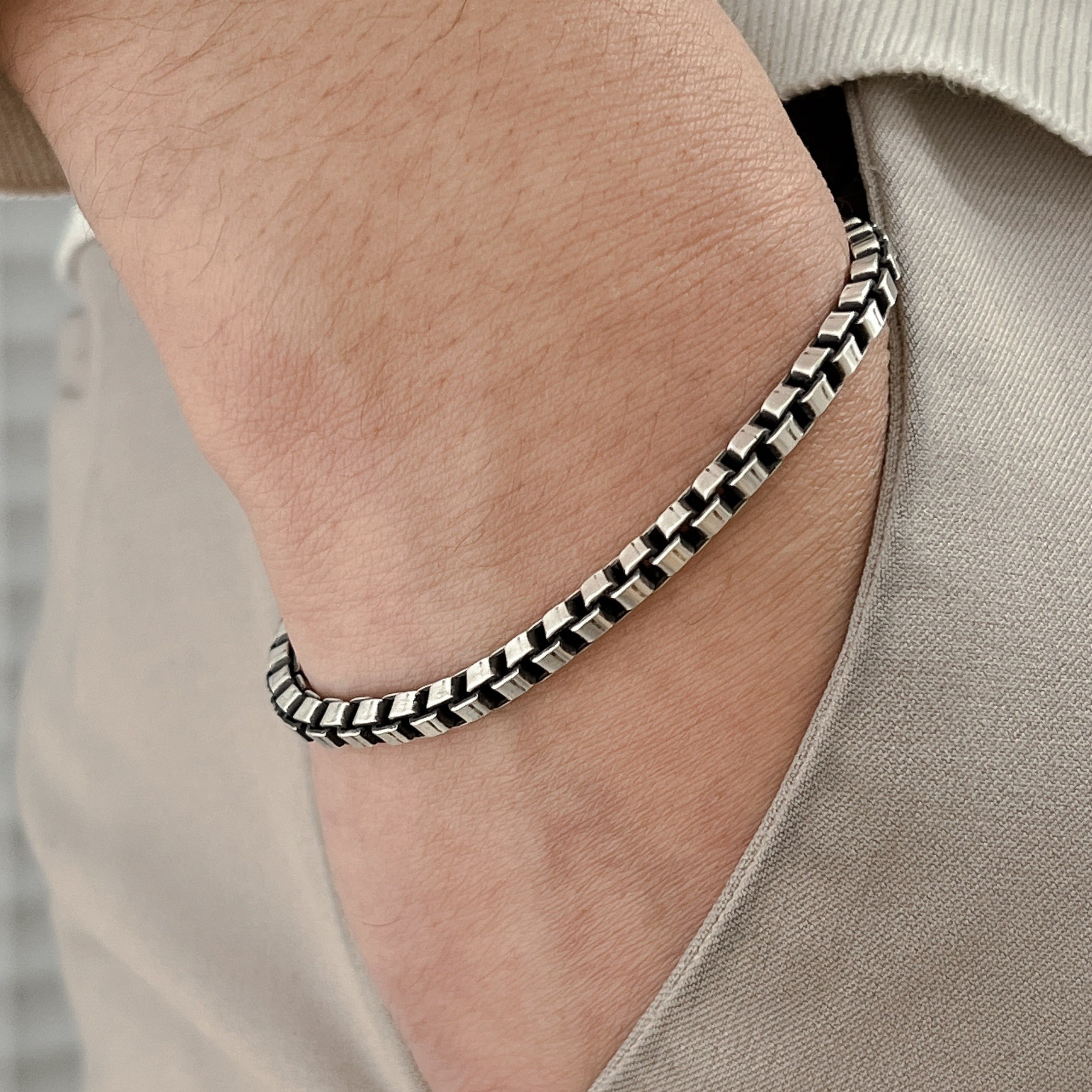 모두디자이너 실버925 클래식 볼드 4mm 사각 박스 체인 남자 여자 팔찌 H 176,100원