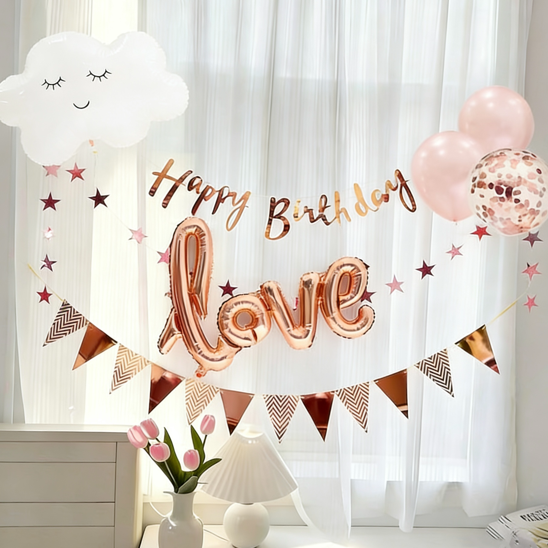 생일파티 용품 구름 홈파티세트, 집에서생일파티 로즈골드,생일 이벤트 풍선 1세트 11,800원