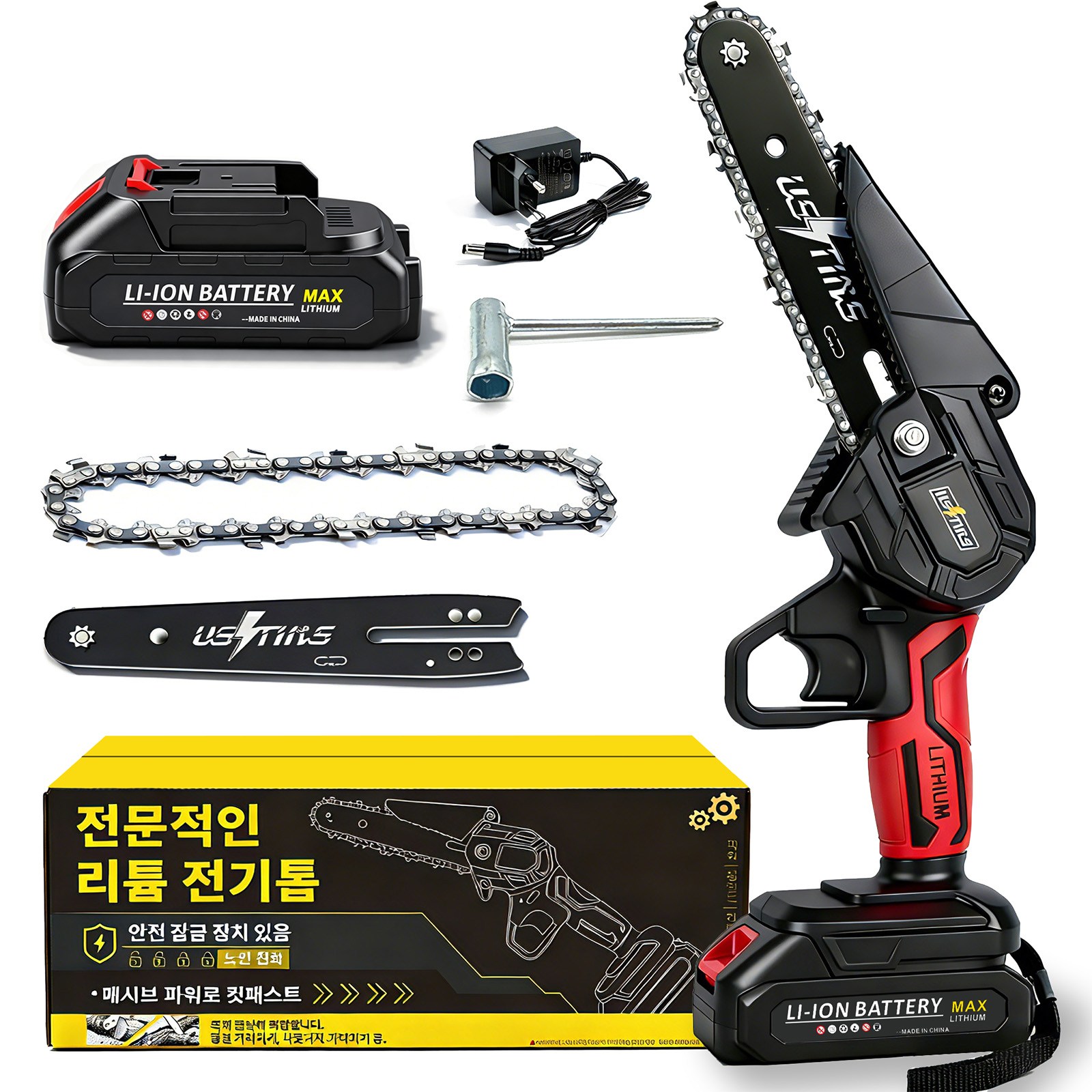 [우스틴스] 15cm 무선 전기톱, 독일 고성능 모터 / 안전 잠금 기능 / 배터리 포함 세트 37,980원