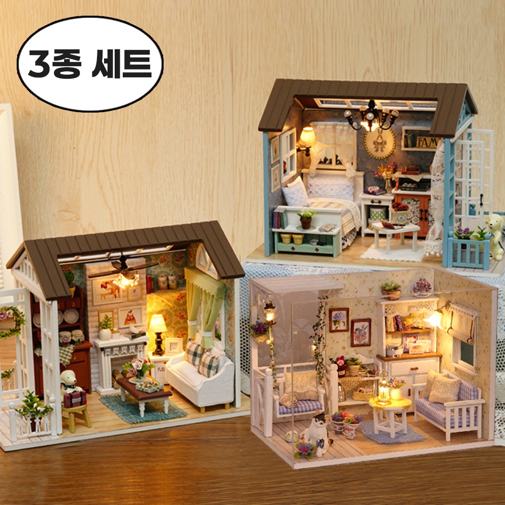 [5시건 당일배송] 1+1+1 FOOI DIY 미니어처 하우스 만들기 키트 강아지+고양이 l 감성 인테리어 소품 LED 무드등 3종 세트, 꽃물주는강아지+여행강아지+고양이집, 1세트 69,900원