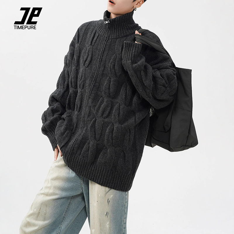 TIMEPURE 봄가을 남녀공용 빈티지 무드 하프 터틀넥 루즈핏 지퍼 니트 가디건 아우터 43,000원