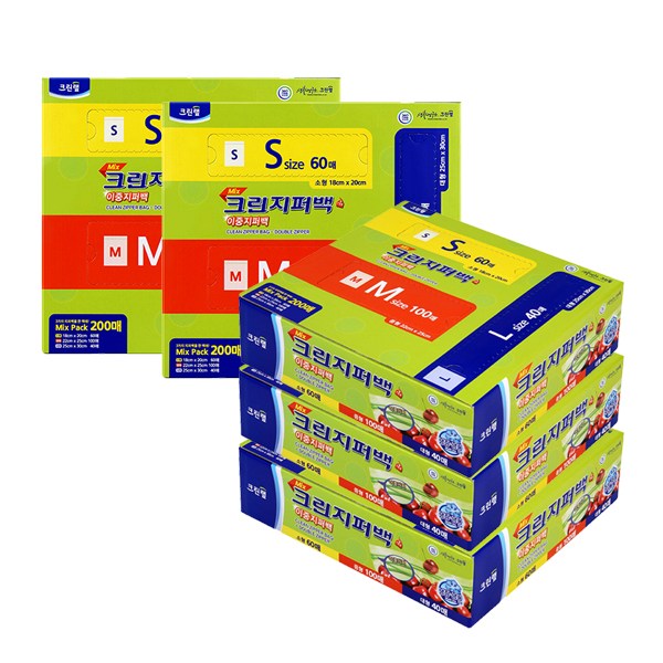 크린랲 크린 믹스 이중지퍼백 소형 60p + 중형 100p + 대형 40p 세트 79,800원