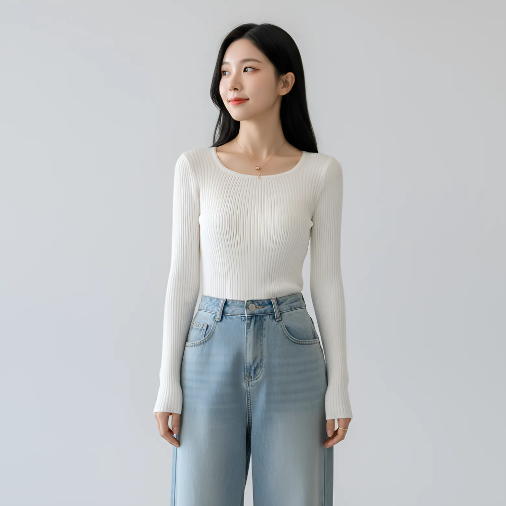 구디프 여성용 골지 니트 긴팔 스퀘어넥 슬림핏 데일리 기본 티셔츠 17,800원